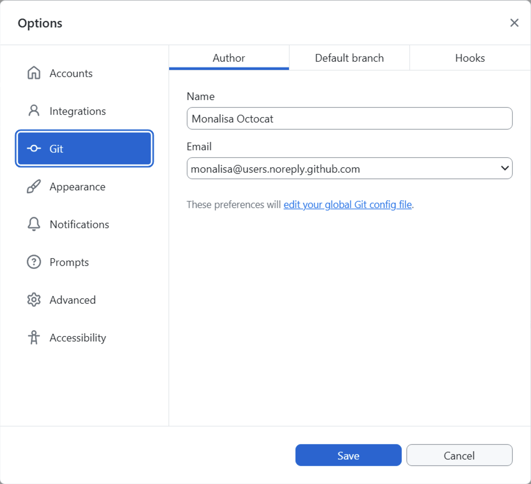 Screenshot of the "Git" pane in the "Options" window. In the left sidebar, an option labeled "Git" is highlighted in blue.
