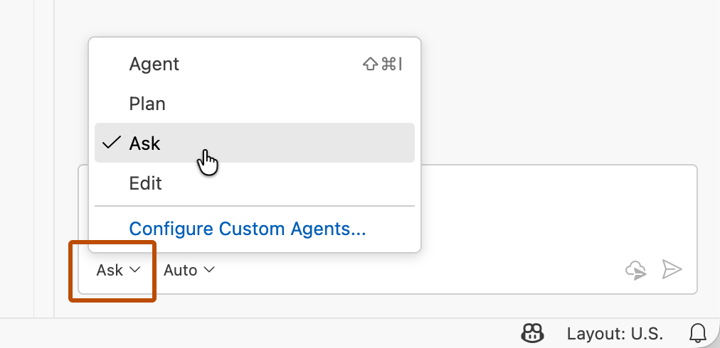 Screenshot of "Ask" being selected in the mode picker at the bottom of chat view.