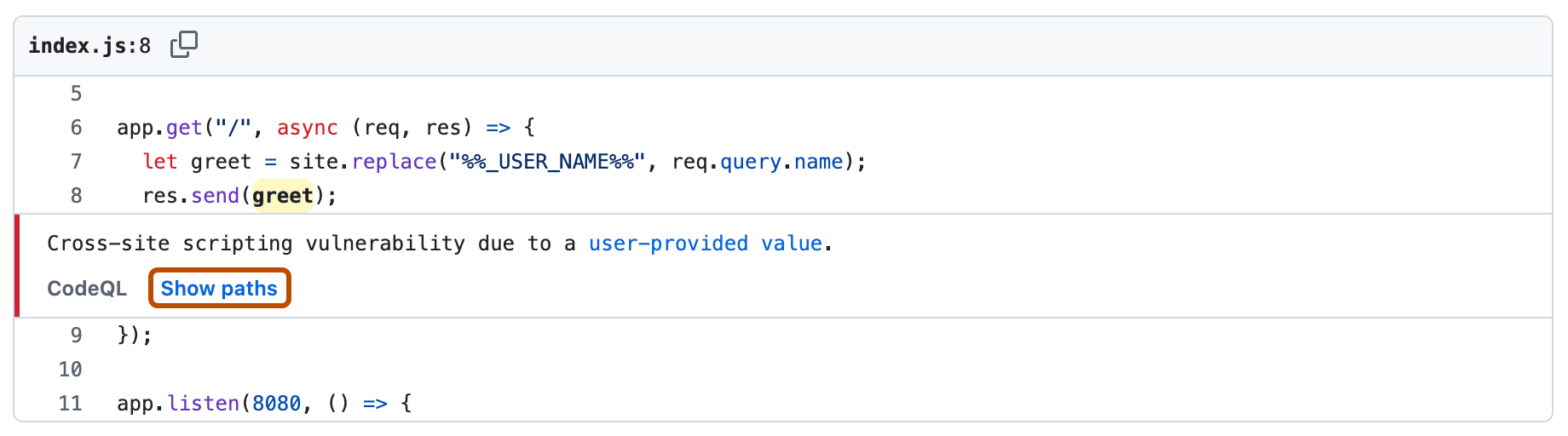 Screenshot of the location of a code scanning alert. A "Show paths" button is outlined in orange.