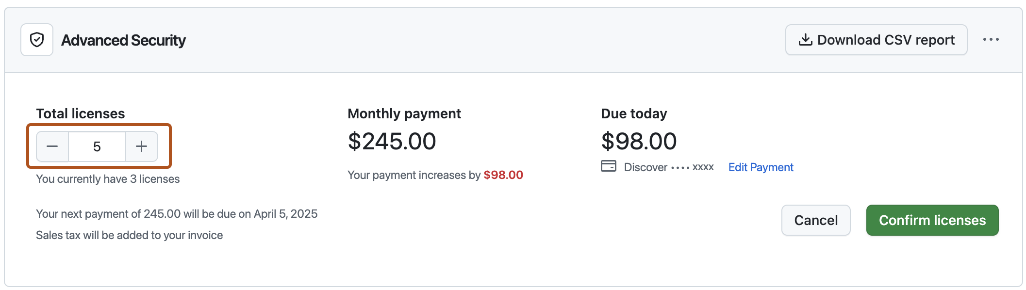 Screenshot of the Advanced Security license screen. A text box with the number 5, with a minus and a plus button, are outlined in orange.