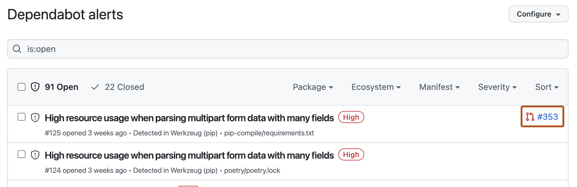 Screenshot of the Dependabot alerts view. To the right of one alert, a link to a pull request, titled "#353," is outlined in orange.