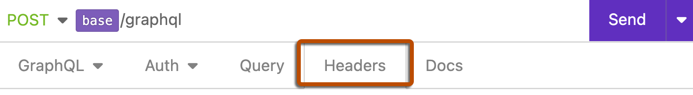 Screenshot der Einstellungsregisterkarten in Insomnia. Der Tab „Headers“ ist dunkelorange umrandet.